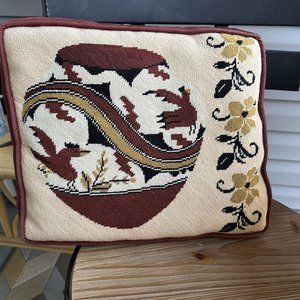 Throw Pillow Crewel Southwestern Kilim Pottery Hand Made Brown Bird Flower
